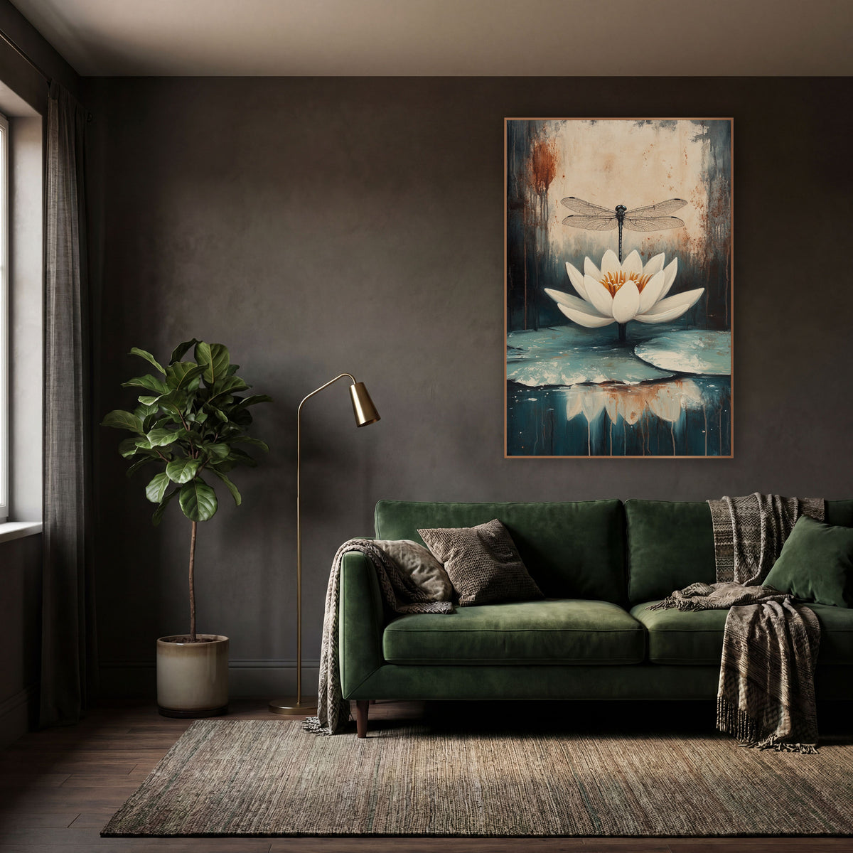 Centered Lily Dragonfly Moody Botanical wall art in a moody dark academia room – white water lily with orange center