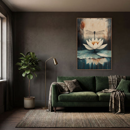 Centered Lily Dragonfly Moody Botanical wall art in a moody dark academia room – white water lily with orange center