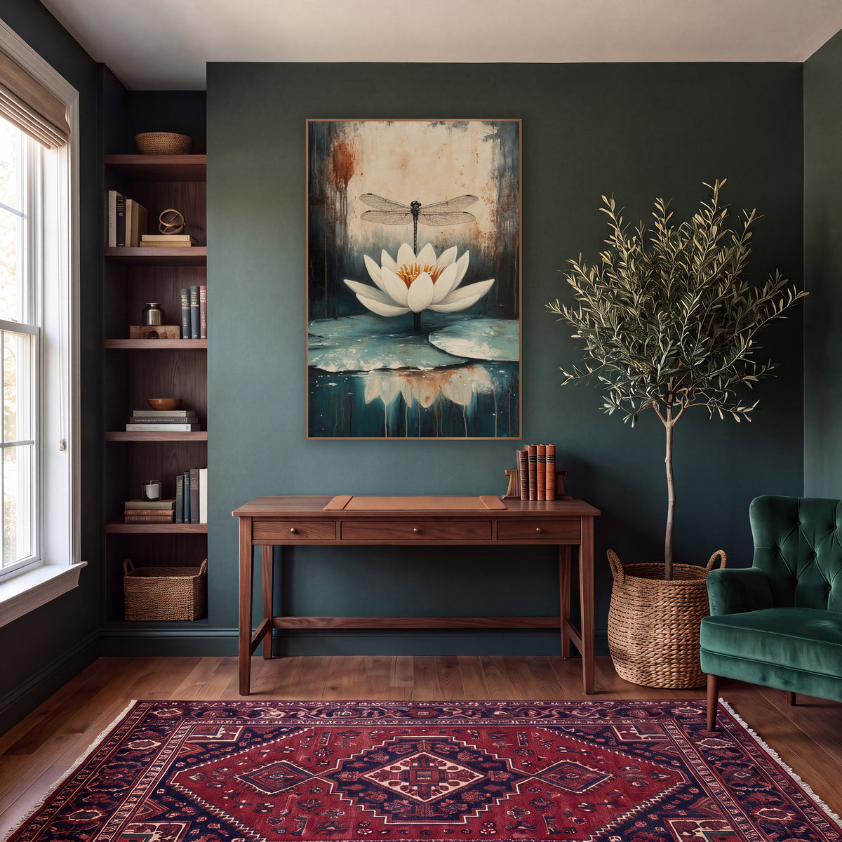 Centered Lily Dragonfly Moody Botanical wall art in a moody dark academia room – white water lily with orange center