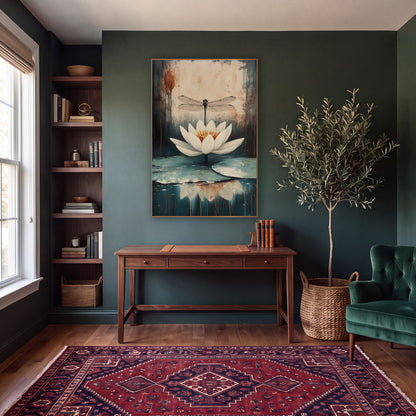 Centered Lily Dragonfly Moody Botanical wall art in a moody dark academia room – white water lily with orange center
