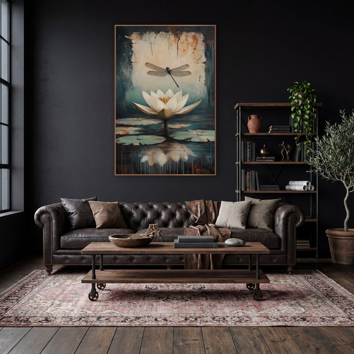 Tilted Dragonfly Lilypads Classic Botanical wall art in a moody dark academia room – white water lily and black