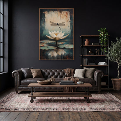 Tilted Dragonfly Lilypads Classic Botanical wall art in a moody dark academia room – white water lily and black