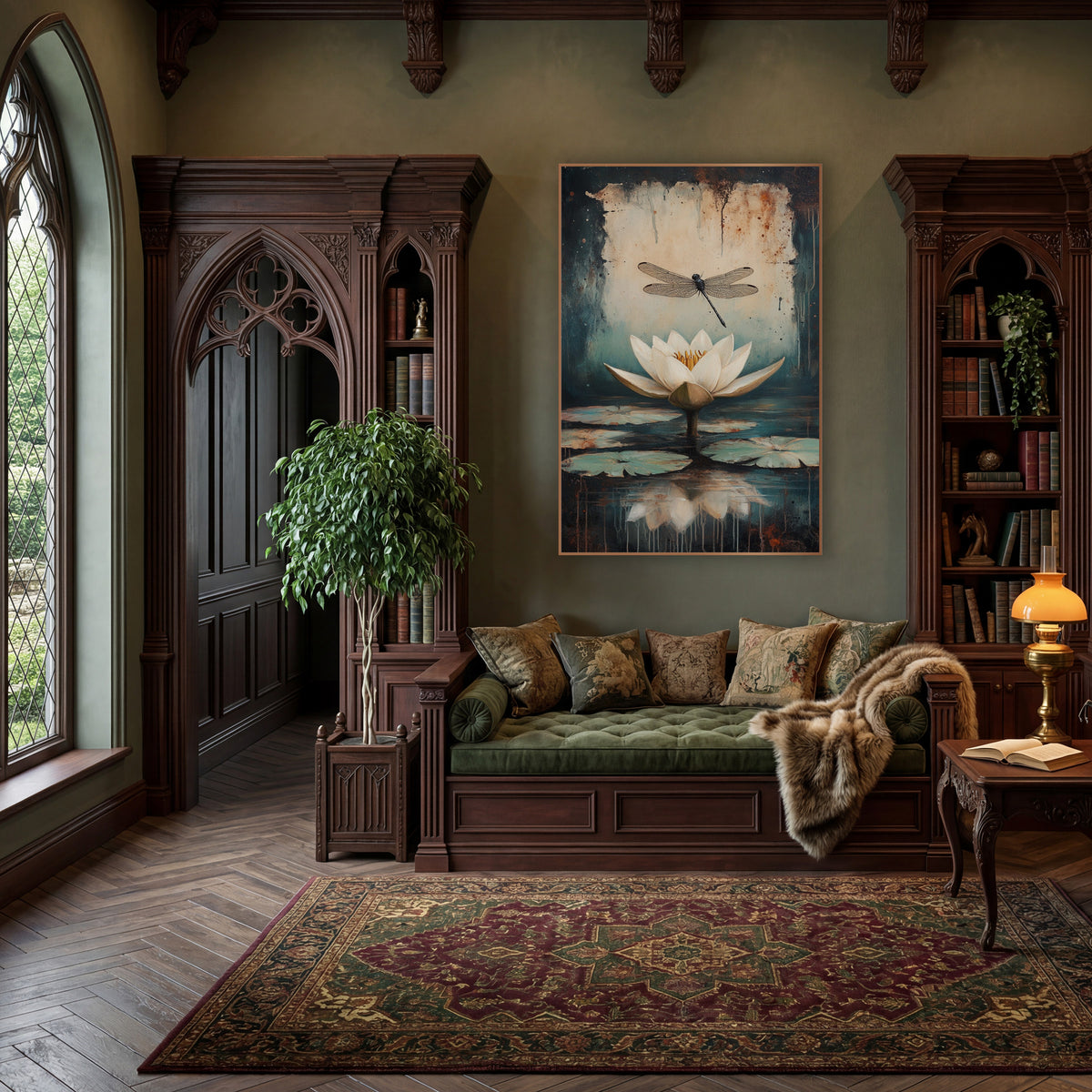 Tilted Dragonfly Lilypads Classic Botanical wall art in a moody dark academia room – white water lily and black