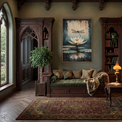 Tilted Dragonfly Lilypads Classic Botanical wall art in a moody dark academia room – white water lily and black