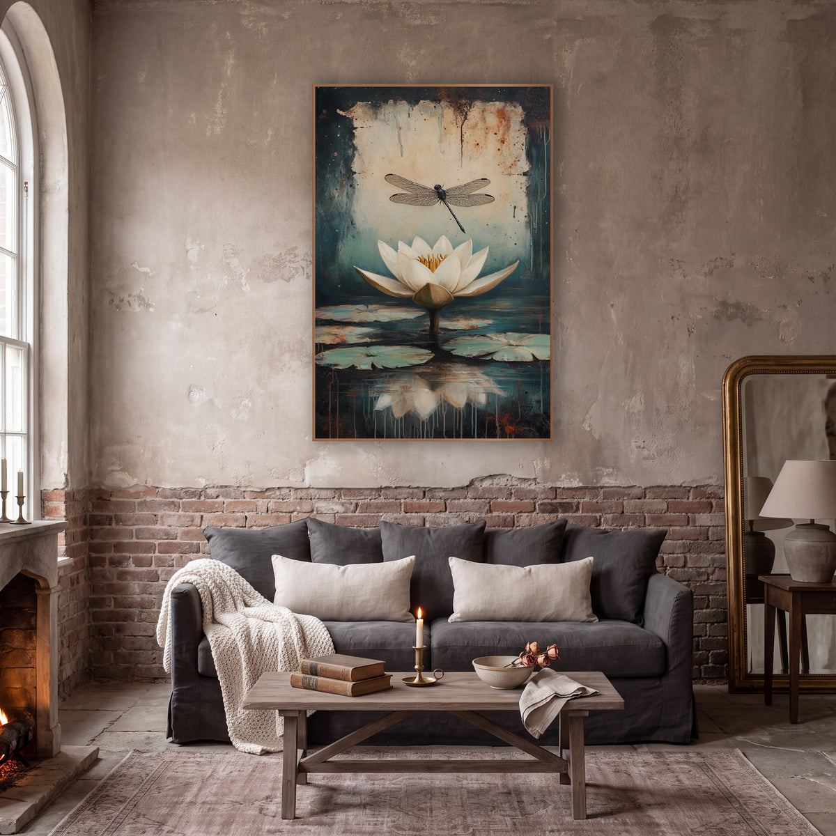 Tilted Dragonfly Lilypads Classic Botanical wall art in a moody dark academia room – white water lily and black