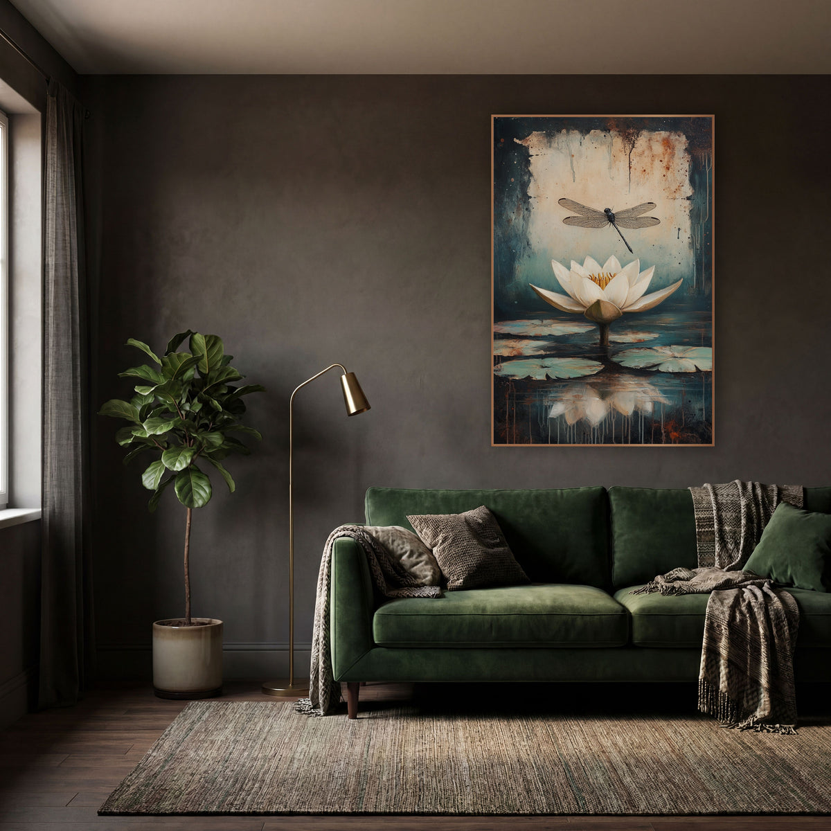 Tilted Dragonfly Lilypads Classic Botanical wall art in a moody dark academia room – white water lily and black
