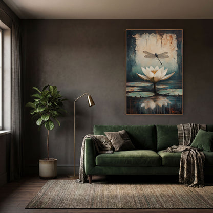 Tilted Dragonfly Lilypads Classic Botanical wall art in a moody dark academia room – white water lily and black