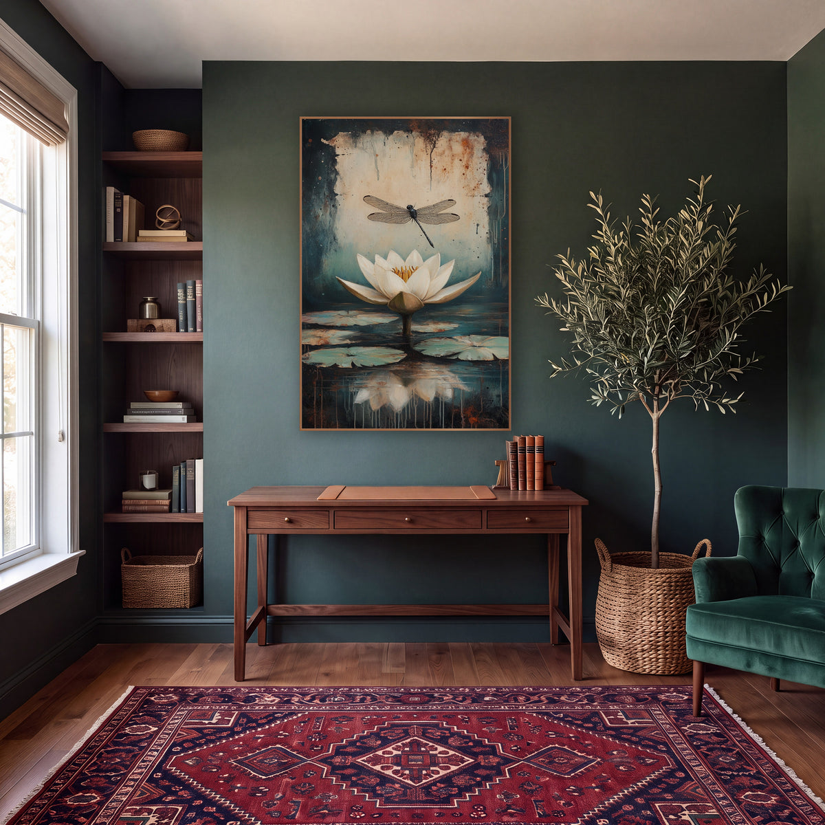 Tilted Dragonfly Lilypads Classic Botanical wall art in a moody dark academia room – white water lily and black