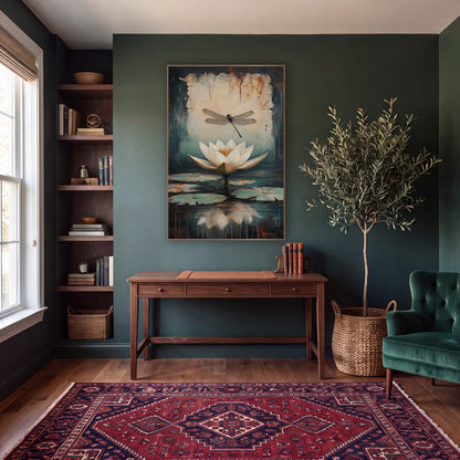 Tilted Dragonfly Lilypads Classic Botanical wall art in a moody dark academia room – white water lily and black
