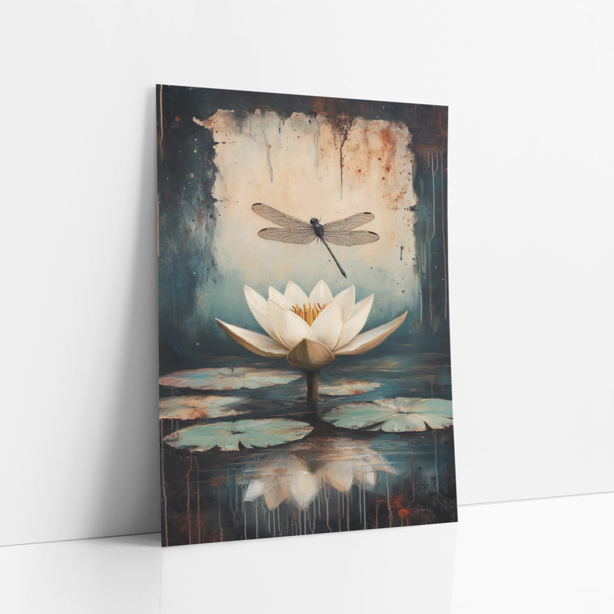 Tilted Dragonfly Lilypads Classic Botanical art print leaning against a white wall – white water lily and black dragonfly