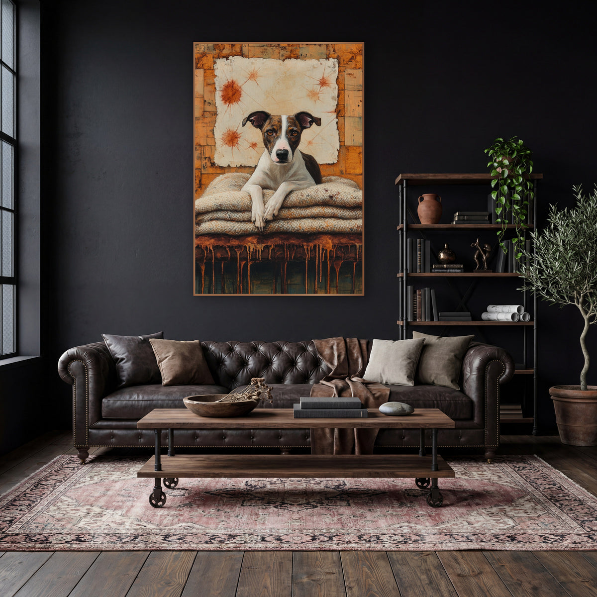 Brindle Whippet Rust Dark Academia wall art in a moody dark academia room – brindle and white whippet resting paws