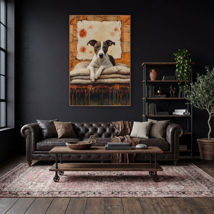 Brindle Whippet Rust Dark Academia wall art in a moody dark academia room – brindle and white whippet resting paws