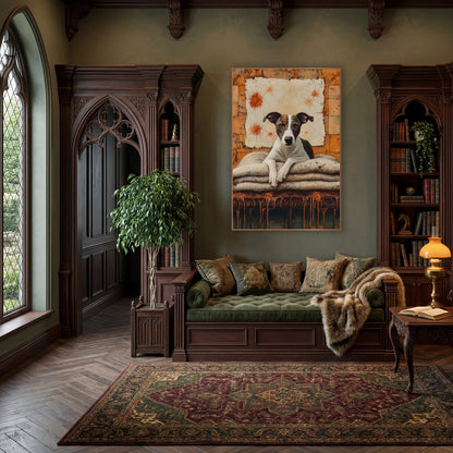 Brindle Whippet Rust Dark Academia wall art in a moody dark academia room – brindle and white whippet resting paws