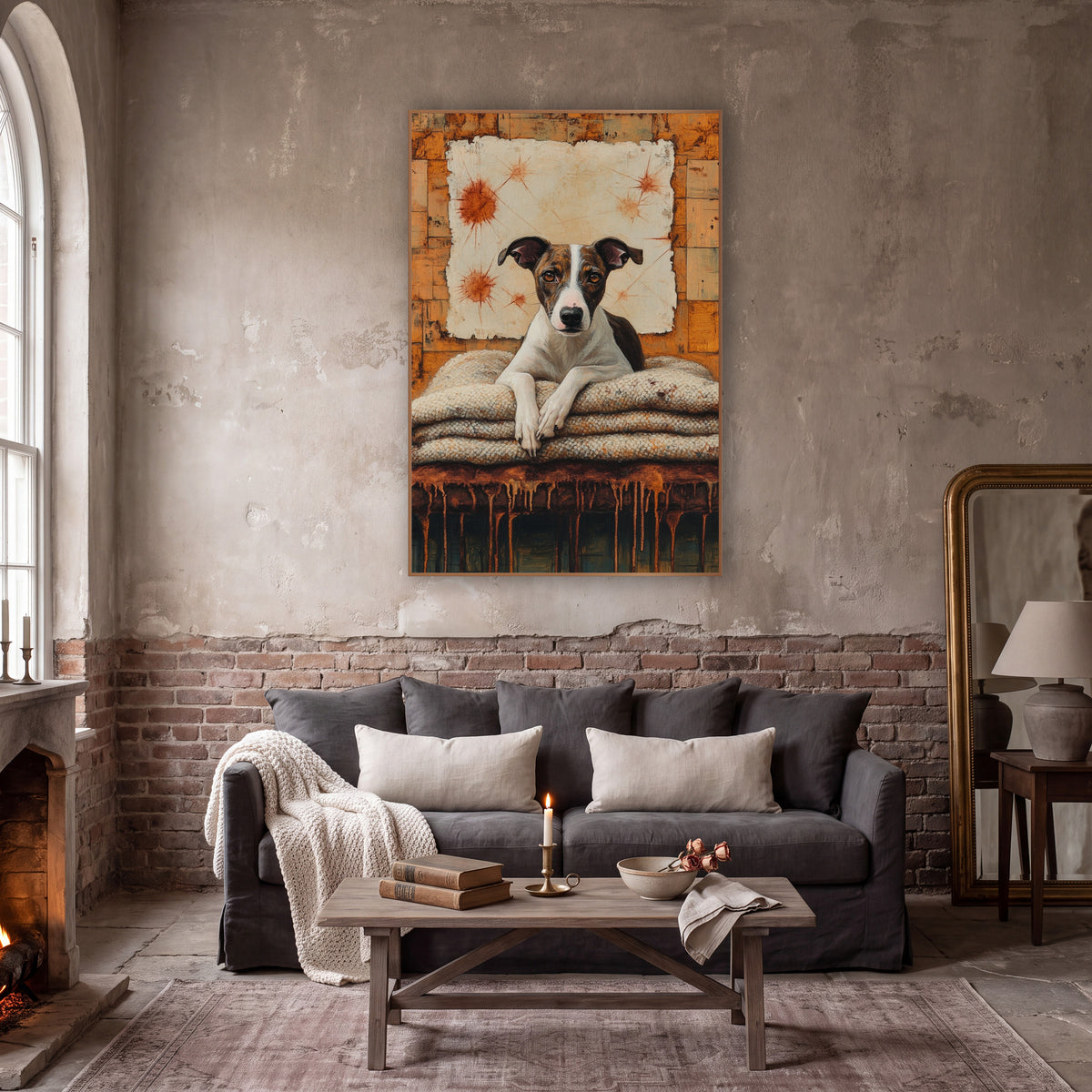 Brindle Whippet Rust Dark Academia wall art in a moody dark academia room – brindle and white whippet resting paws