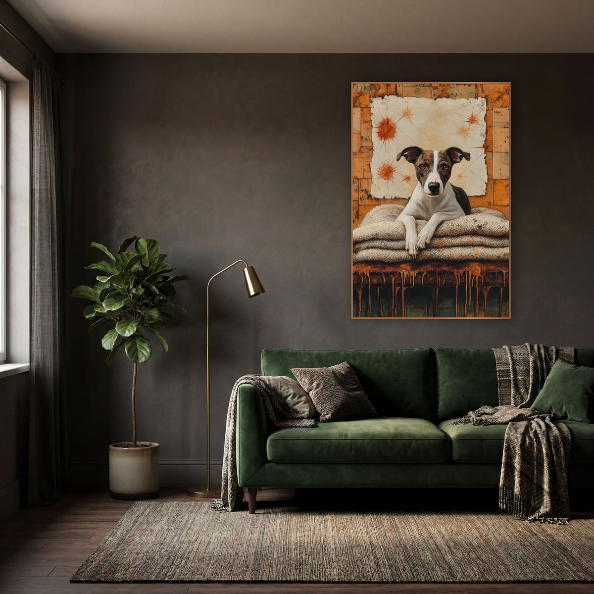 Brindle Whippet Rust Dark Academia wall art in a moody dark academia room – brindle and white whippet resting paws