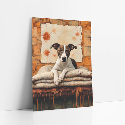Brindle Whippet Rust Dark Academia art print leaning against a white wall – brindle and white whippet resting paws