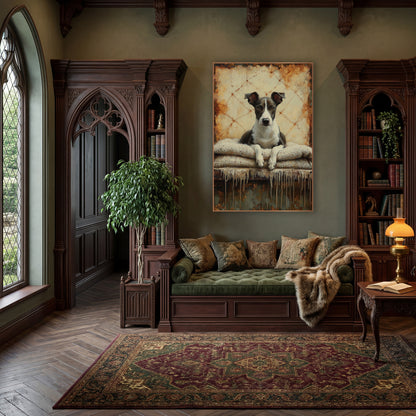 Resting Whippet Rust Dark Academia wall art in a moody dark academia room – whippet with amber eyes resting white paws