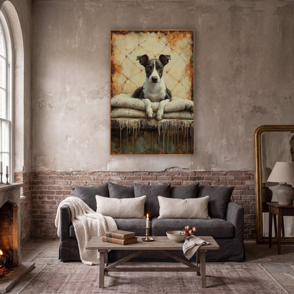 Resting Whippet Rust Dark Academia wall art in a moody dark academia room – whippet with amber eyes resting white paws