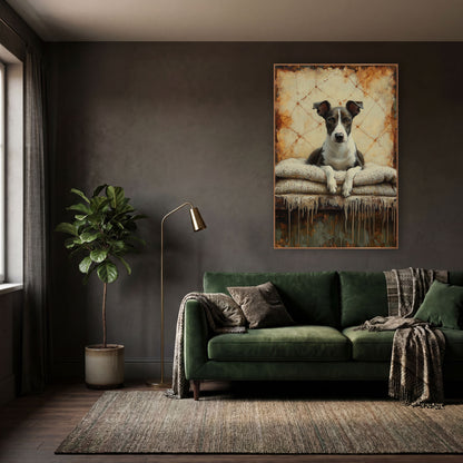 Resting Whippet Rust Dark Academia wall art in a moody dark academia room – whippet with amber eyes resting white paws