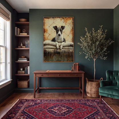 Resting Whippet Rust Dark Academia wall art in a moody dark academia room – whippet with amber eyes resting white paws