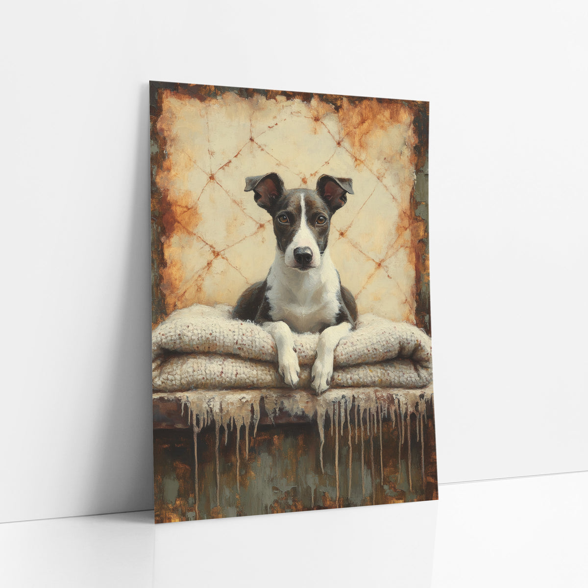 Resting Whippet Rust Dark Academia art print leaning against a white wall – whippet with amber eyes resting white paws