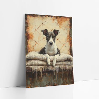 Resting Whippet Rust Dark Academia art print leaning against a white wall – whippet with amber eyes resting white paws