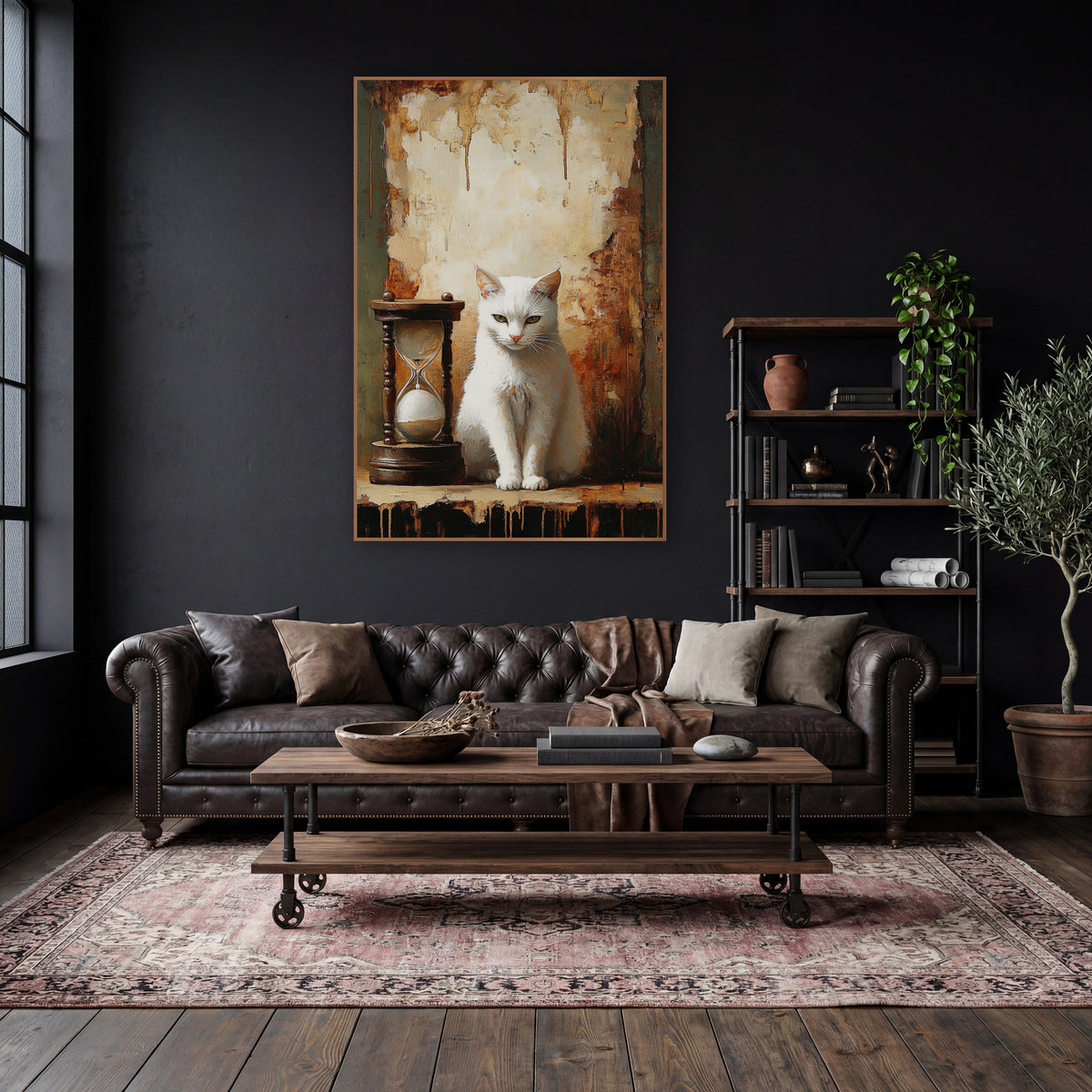 Seated White Cat Rust Wall Moody wall art in a moody dark academia room – white cat with olive eyes sitting