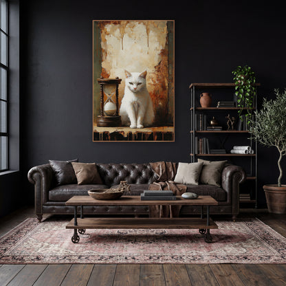 Seated White Cat Rust Wall Moody wall art in a moody dark academia room – white cat with olive eyes sitting