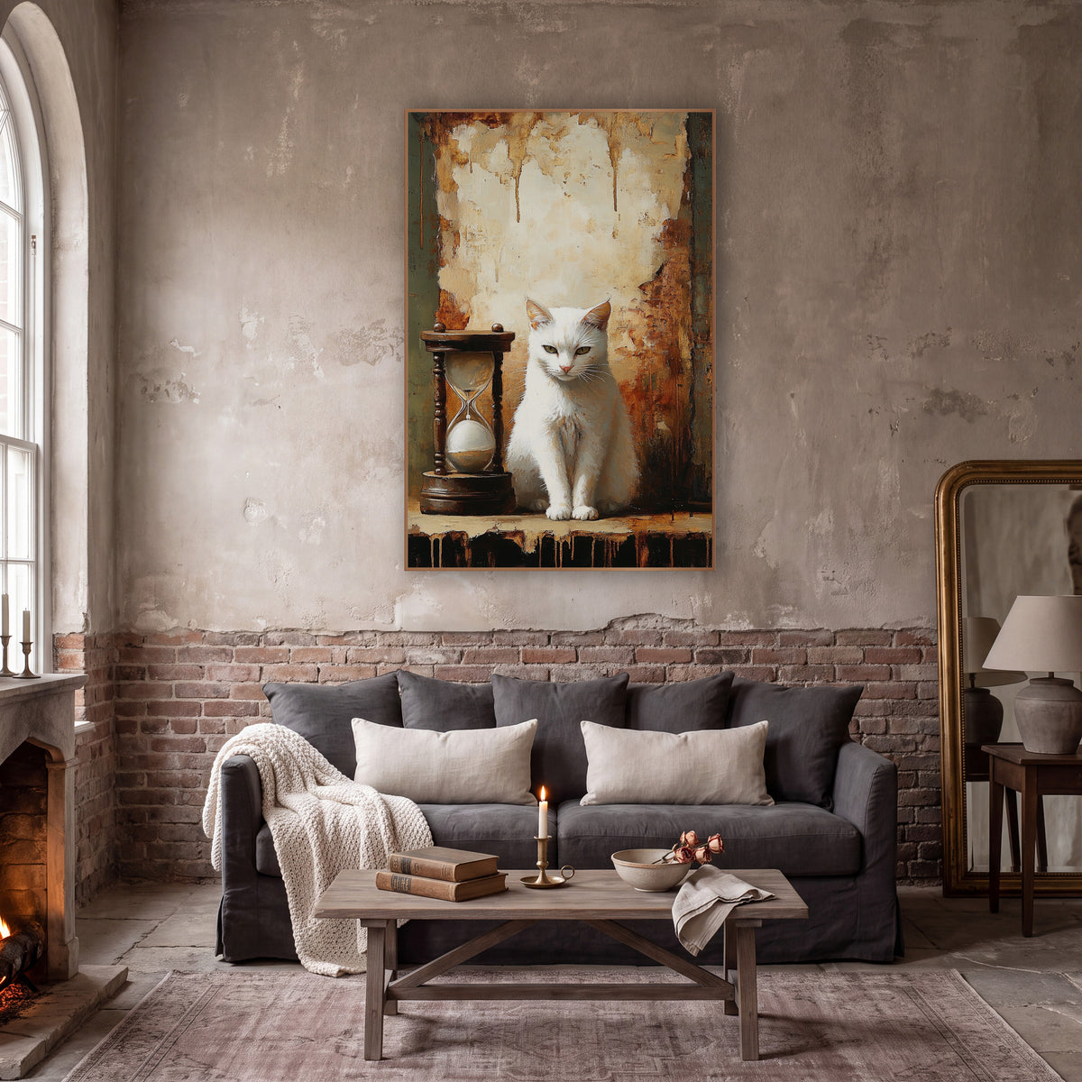 Seated White Cat Rust Wall Moody wall art in a moody dark academia room – white cat with olive eyes sitting