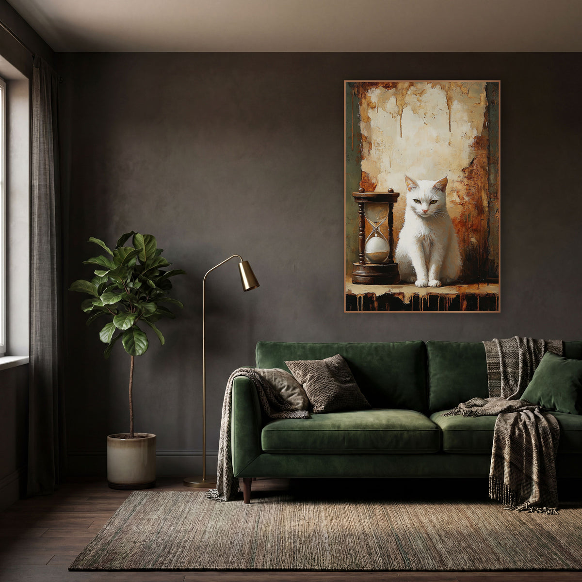 Seated White Cat Rust Wall Moody wall art in a moody dark academia room – white cat with olive eyes sitting