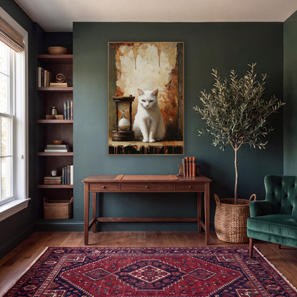 Seated White Cat Rust Wall Moody wall art in a moody dark academia room – white cat with olive eyes sitting