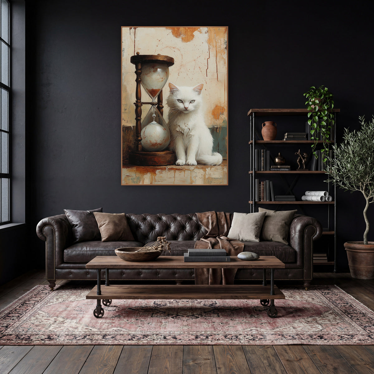 Fluffy White Cat Tall Hourglass Vintage wall art in a moody dark academia room – white cat sitting next to a wooden