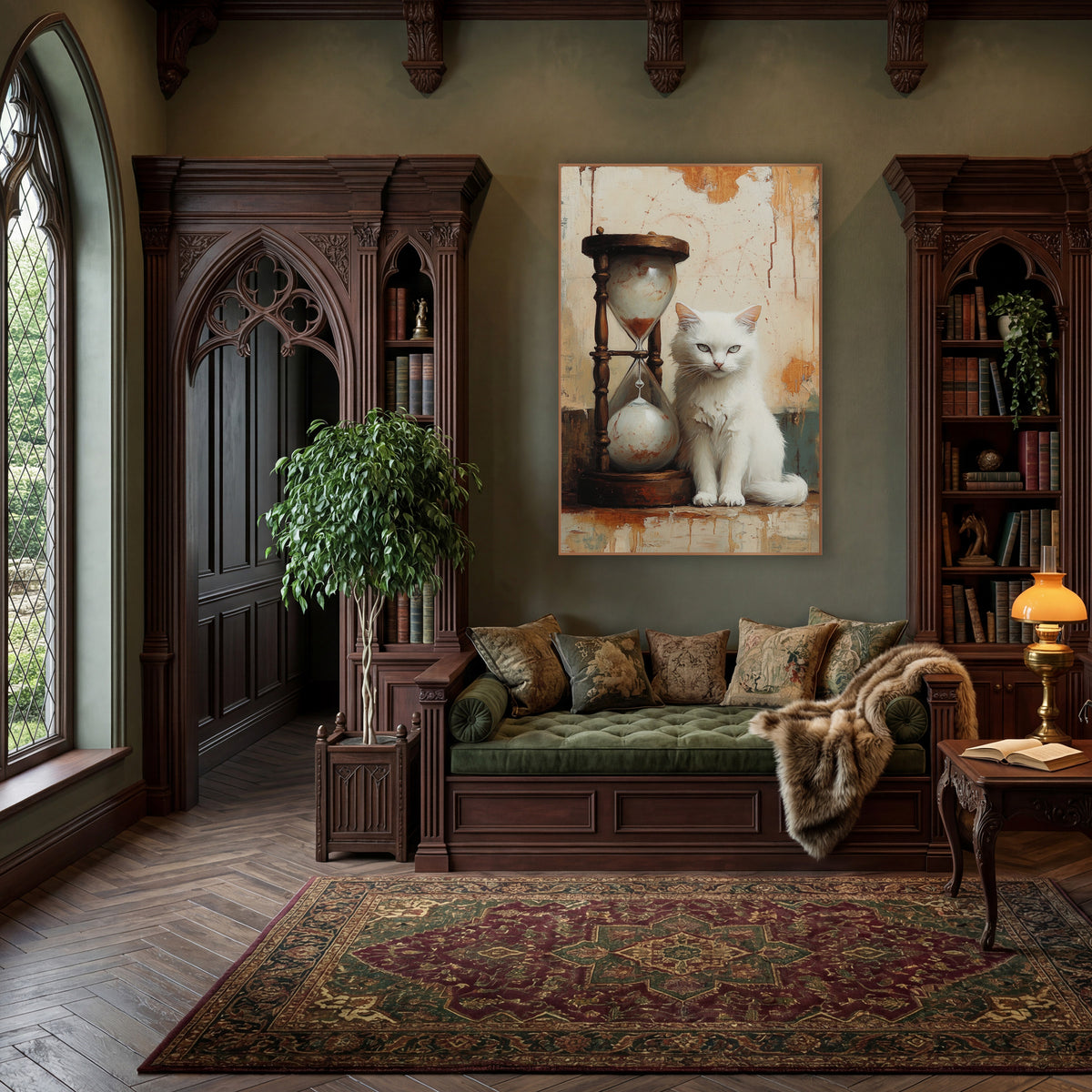 Fluffy White Cat Tall Hourglass Vintage wall art in a moody dark academia room – white cat sitting next to a wooden
