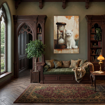 Fluffy White Cat Tall Hourglass Vintage wall art in a moody dark academia room – white cat sitting next to a wooden