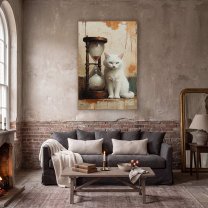 Fluffy White Cat Tall Hourglass Vintage wall art in a moody dark academia room – white cat sitting next to a wooden