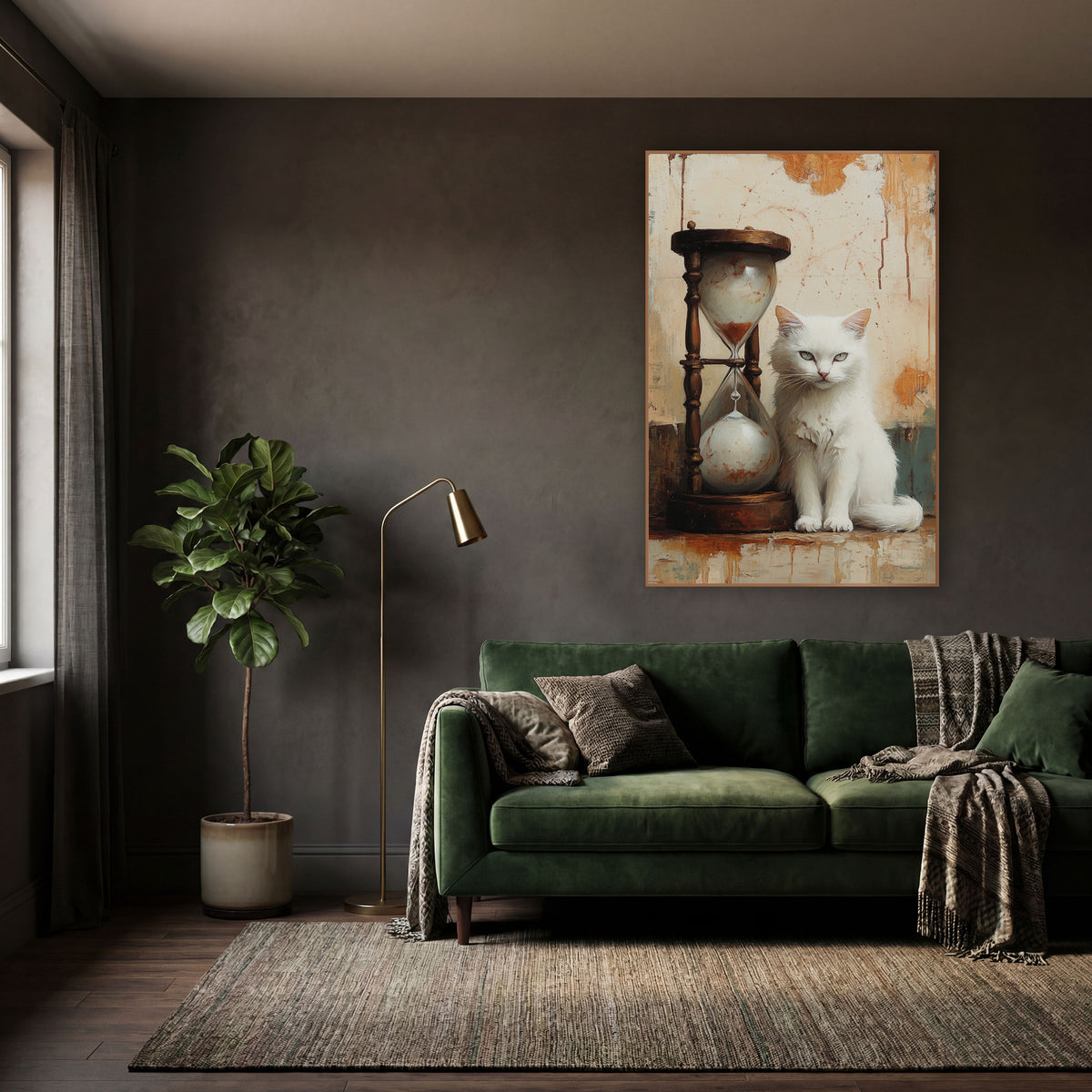 Fluffy White Cat Tall Hourglass Vintage wall art in a moody dark academia room – white cat sitting next to a wooden