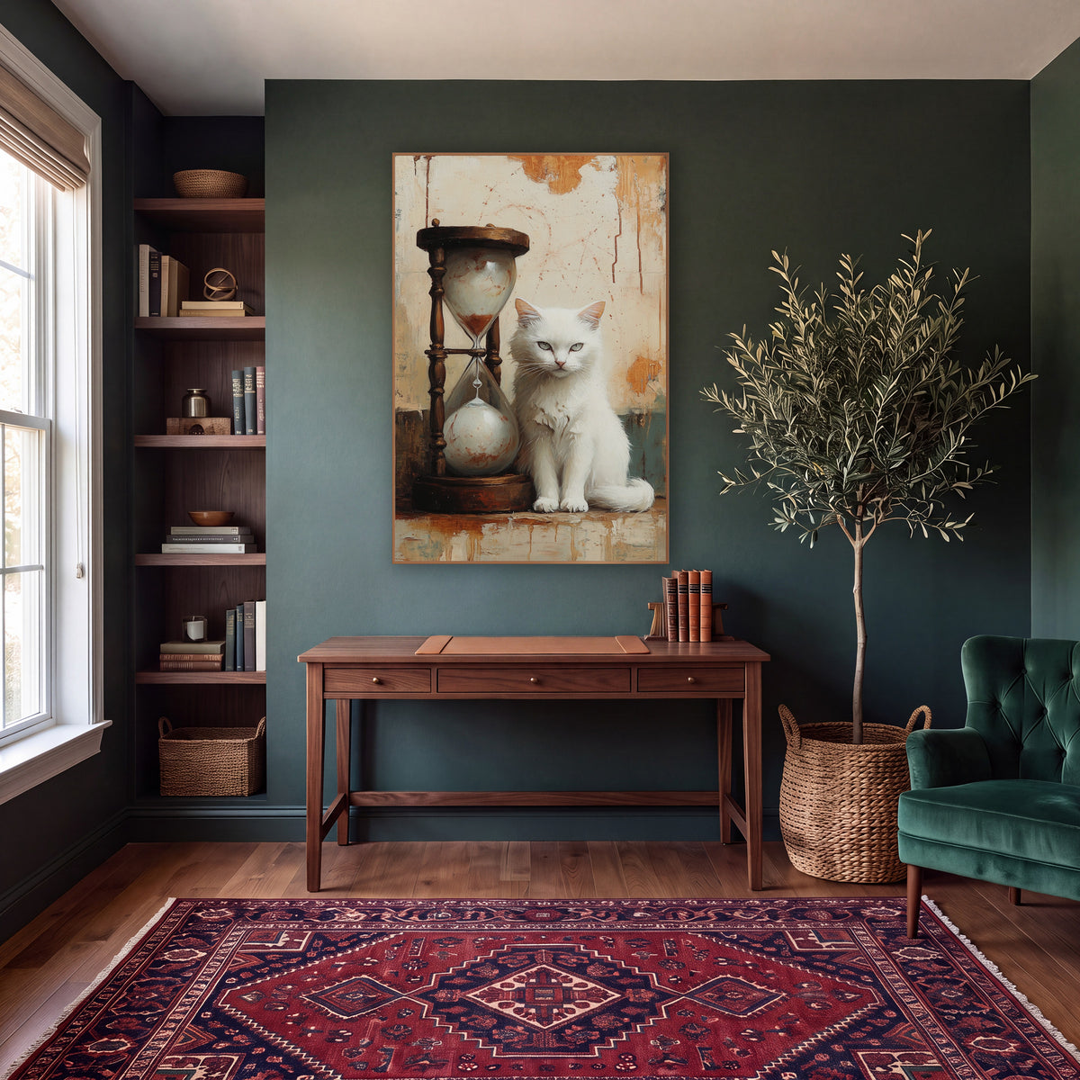 Fluffy White Cat Tall Hourglass Vintage wall art in a moody dark academia room – white cat sitting next to a wooden
