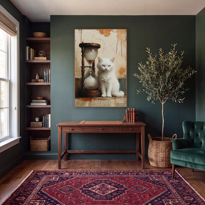 Fluffy White Cat Tall Hourglass Vintage wall art in a moody dark academia room – white cat sitting next to a wooden