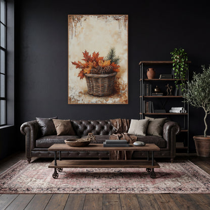 Autumn Leaf Pinecone Basket Still Life wall art in a moody dark academia room – wicker basket filled with red