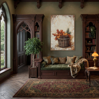 Autumn Leaf Pinecone Basket Still Life wall art in a moody dark academia room – wicker basket filled with red