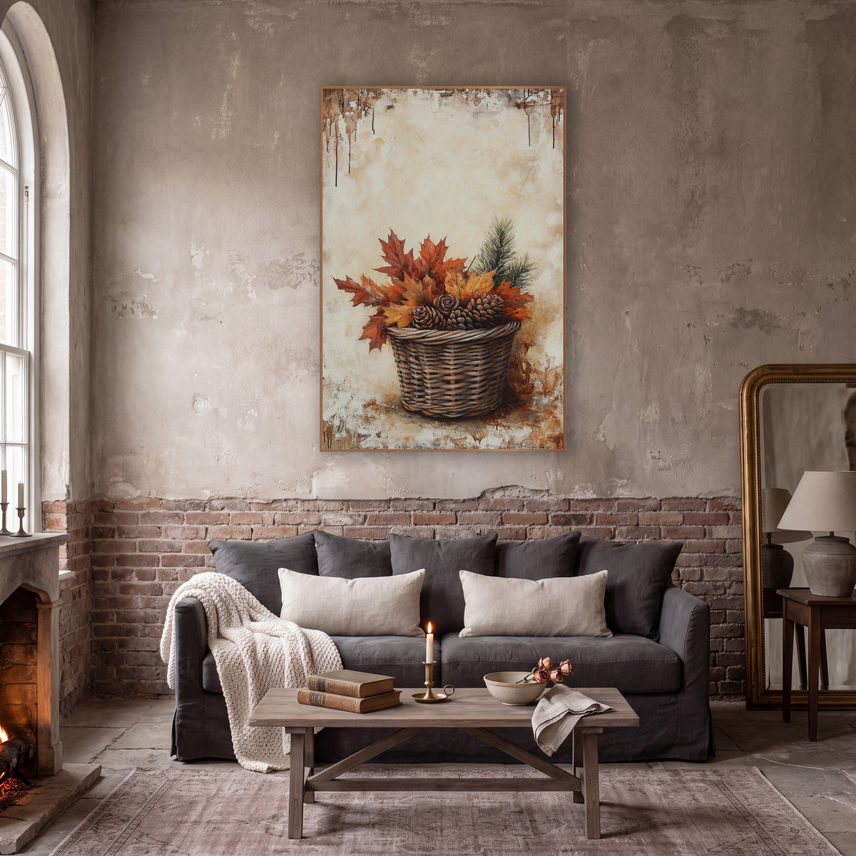 Autumn Leaf Pinecone Basket Still Life wall art in a moody dark academia room – wicker basket filled with red