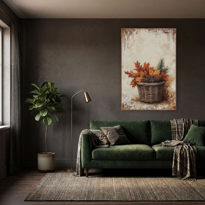 Autumn Leaf Pinecone Basket Still Life wall art in a moody dark academia room – wicker basket filled with red