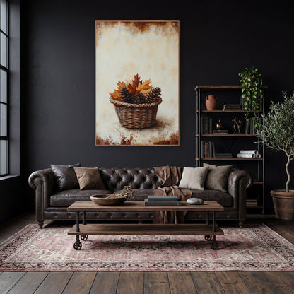 Pinecone Oak Leaf Basket Rustic wall art in a moody dark academia room – wicker basket holding three pinecones and red