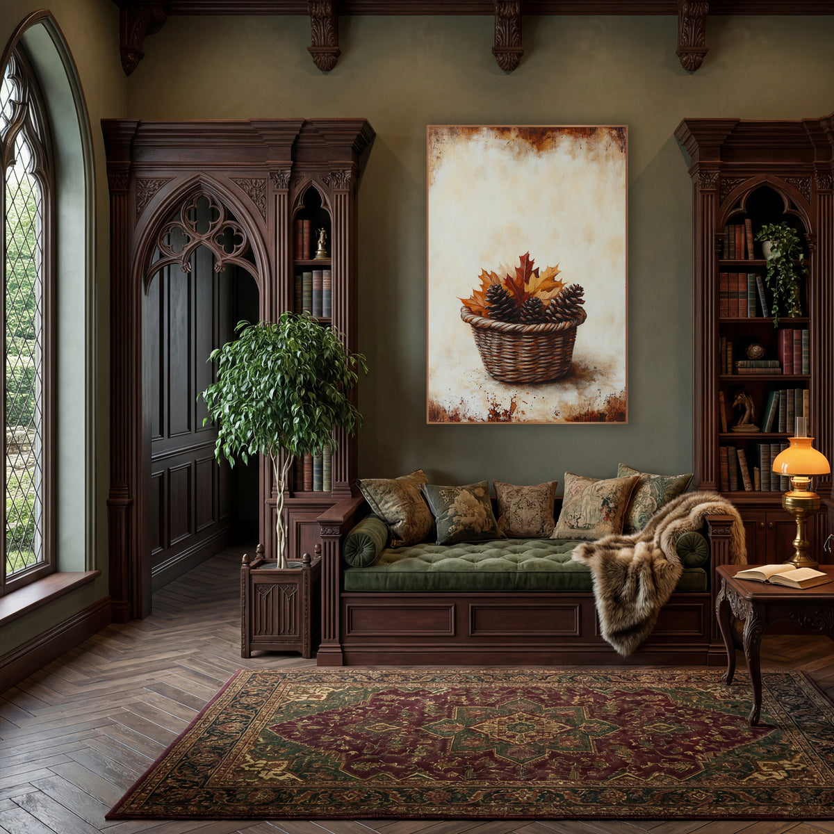Pinecone Oak Leaf Basket Rustic wall art in a moody dark academia room – wicker basket holding three pinecones and red