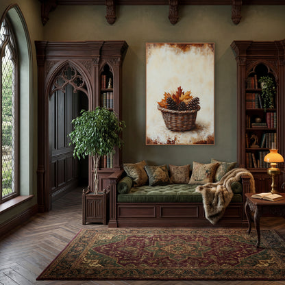 Pinecone Oak Leaf Basket Rustic wall art in a moody dark academia room – wicker basket holding three pinecones and red