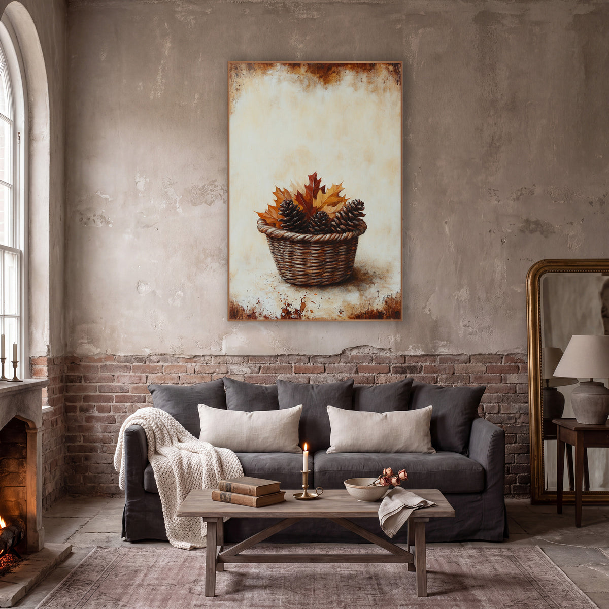 Pinecone Oak Leaf Basket Rustic wall art in a moody dark academia room – wicker basket holding three pinecones and red