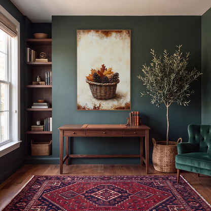 Pinecone Oak Leaf Basket Rustic wall art in a moody dark academia room – wicker basket holding three pinecones and red
