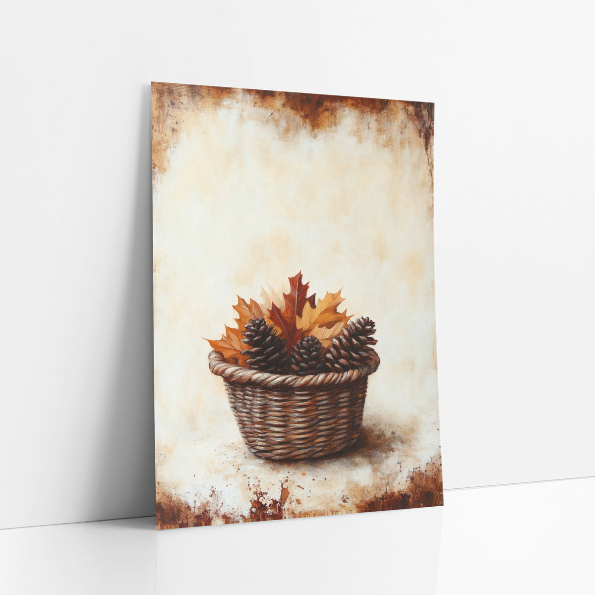 Pinecone Oak Leaf Basket Rustic art print leaning against a white wall – wicker basket holding three pinecones and red