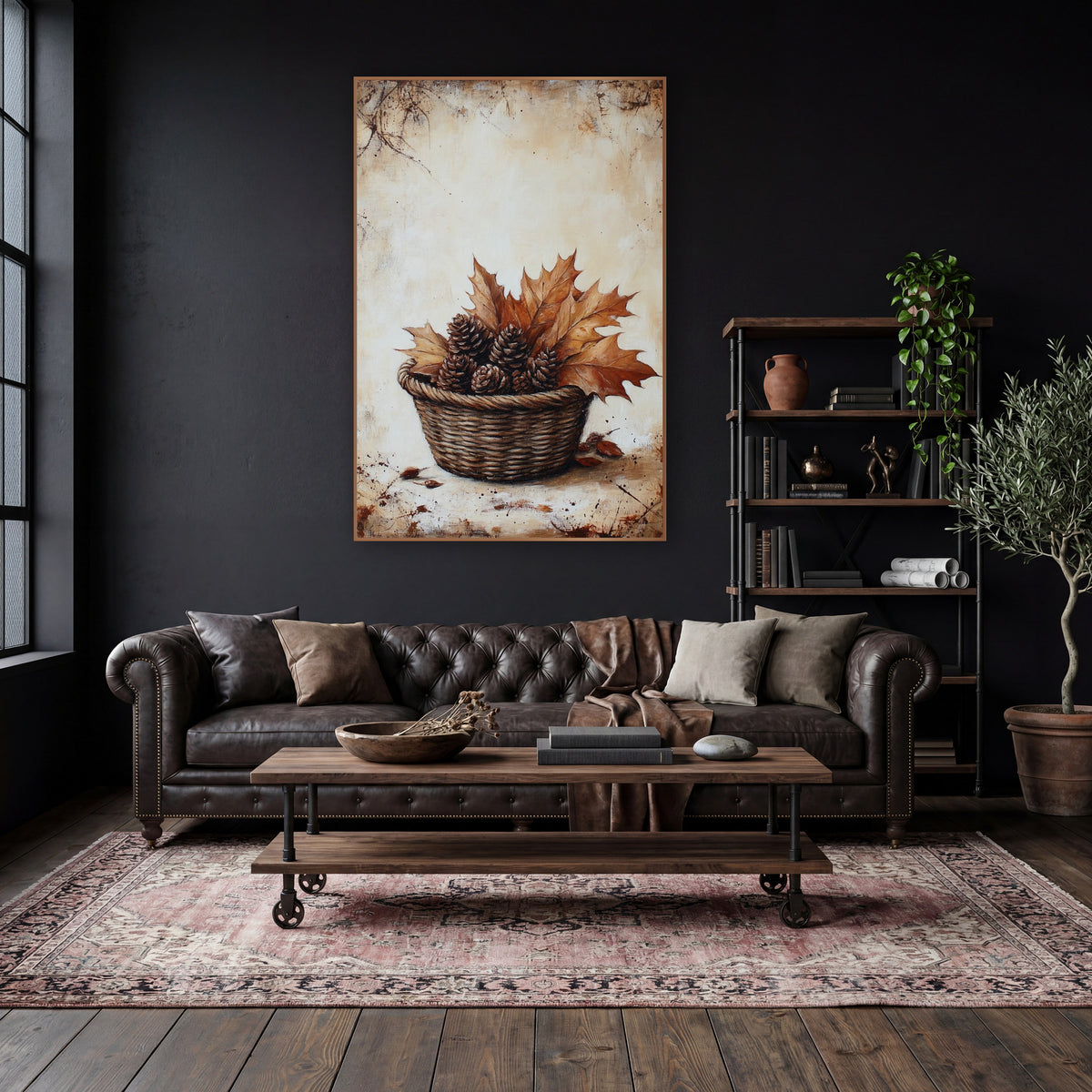 Sepia Pinecone Maple Basket Farmhouse wall art in a moody dark academia room – woven basket of pinecones and dry