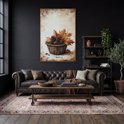 Sepia Pinecone Maple Basket Farmhouse wall art in a moody dark academia room – woven basket of pinecones and dry